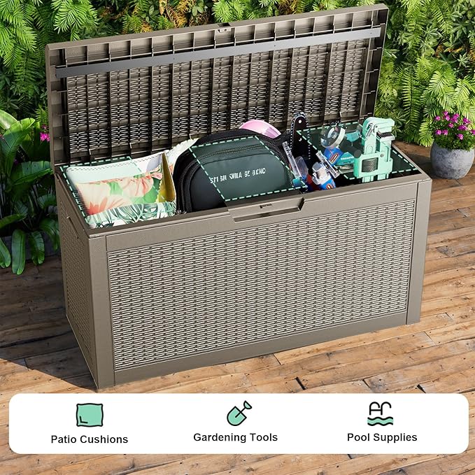 Vixzen 60 Gallon Outdoor Deck Box,Lockable Resin Waterproof Storage Box,UV Resistant,Weather Resistance,Outside Storage Bin for Gardening Tools,Pool Supplies,Gray