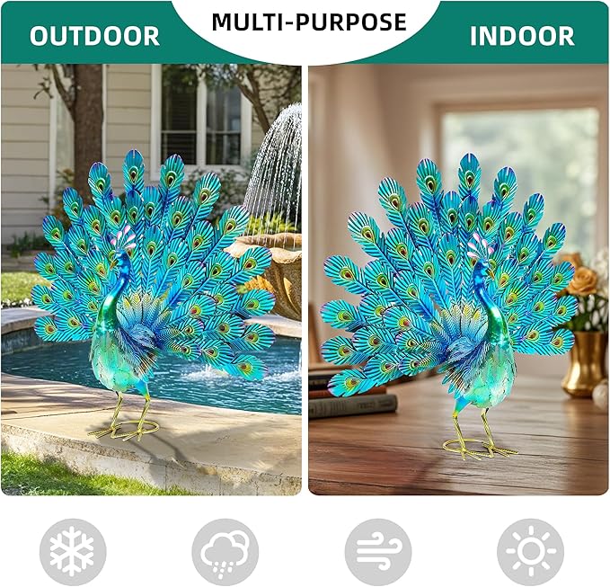 Ultym 27.5in Tall Metal Peacock Garden Statue - Handmade, 3D Textured, Tail Spread Sculptures for Patio, Garden or Entryway.