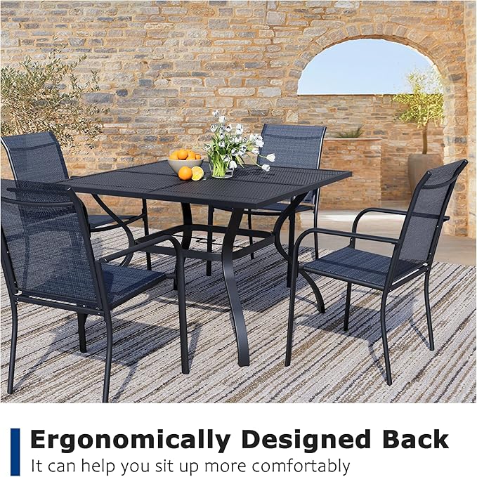 5 Piece Outdoor Dining Set, Patio Table and Chairs Set of 4, 37.5" Black Square Patio Table with 4 Dark Blue Stackable Patio Chairs for Lawn, Garden, Porch