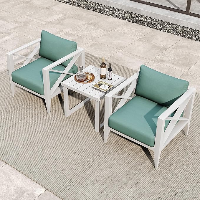 Aluminum Patio Furniture Set, 3 Pieces Conversation Set with 6 Inch Cushions and Coffee Table, Outdoor Patio Sectional Sofa for Garden (White)