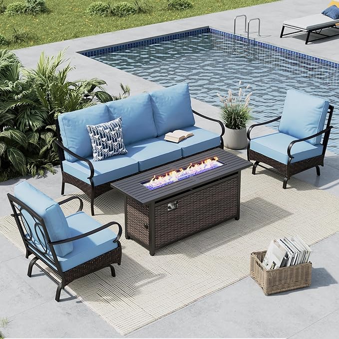 MFSTUDIO 4 Pieces Outdoor Patio Furniture Set, Metal Outdoor Conversation Set, Rattan Wicker Patio Sectional Set with 2 x Rocking Single Sofa, 3-Seat Sofa, 1 x Fire Pit Table, Blue