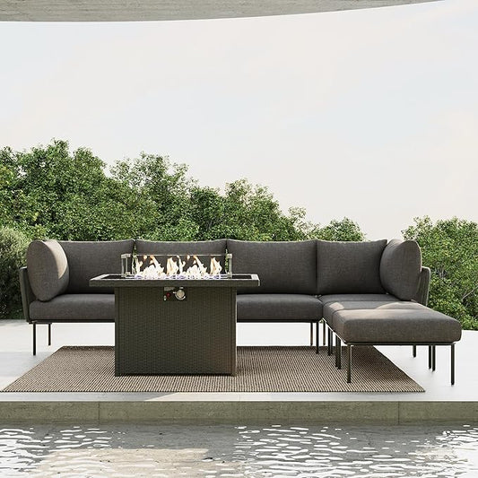 7 Piece Modern Outdoor Rope Wicker Sectional Patio L-Shaped Conversation Sofa Set Deep Seating with Fire Pit Table