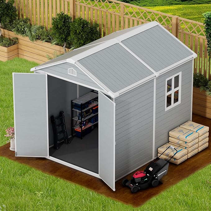 8x6 FT Resin Outdoor Storage Shed with Floor, Weather-Resistant Plastic Garden Shed with Windows, Lockable Door and Vents, Outside Tool Storage Sheds for Backyard, Garden, Lawn, Grey