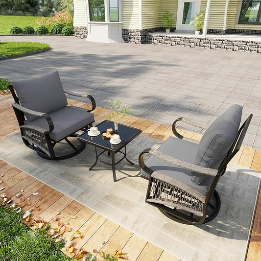 3 Pieces Outdoor Rocking Chairs, 360° Swivel Glider Patio Bistro Sets with Waterproof Cushion Cover, Conversation Furniture Set with Side Table for Porch Balcony Backyard, Gray