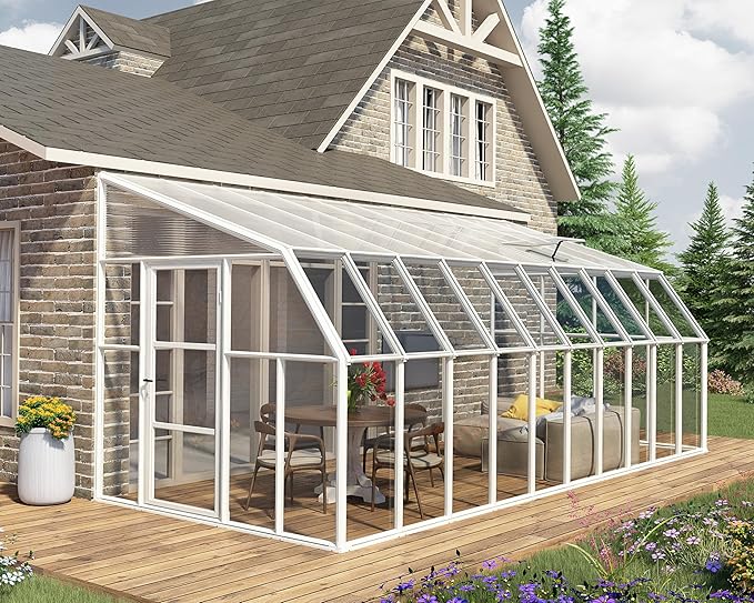 Palram Canopia Rion Sun Room 8 Ft. x 20 Ft. Solarium, Lean-to Greenhouse DIY Kit, Attach to House, Large Twin Wall Polycarbonate, 100% UV Protection for Porch, Patio Outdoors with Window Vent (White)