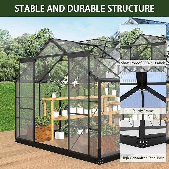 Greenhouses for Outdoors, 8x20 FT Polycarbonate Greenhouses with 4 Adjustable Roof Vents, Walk-in Aluminum Frame Green Houses for Outside with Sliding Doors, Windproof, Outdoor Graden (8x20FT)