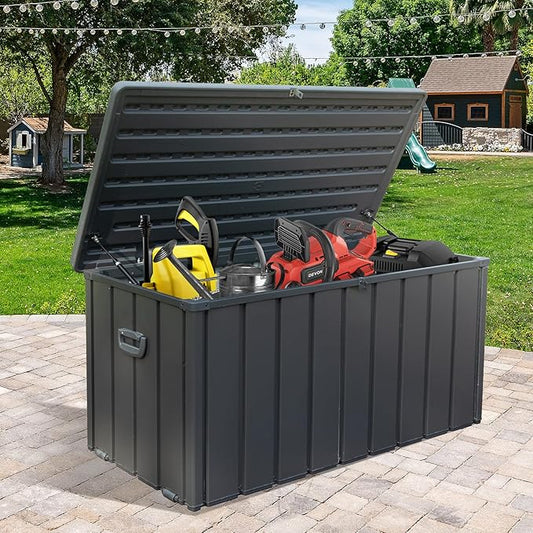 Domi 120 Gallon Deck Box, Outdoor Metal Lockable Storage Cabinet with Resin Lid, Waterproof Steel Outdoor Bench with Lockable Lid, Side Handles for Outside Cushions, Pillows, Garden Tools, Grey