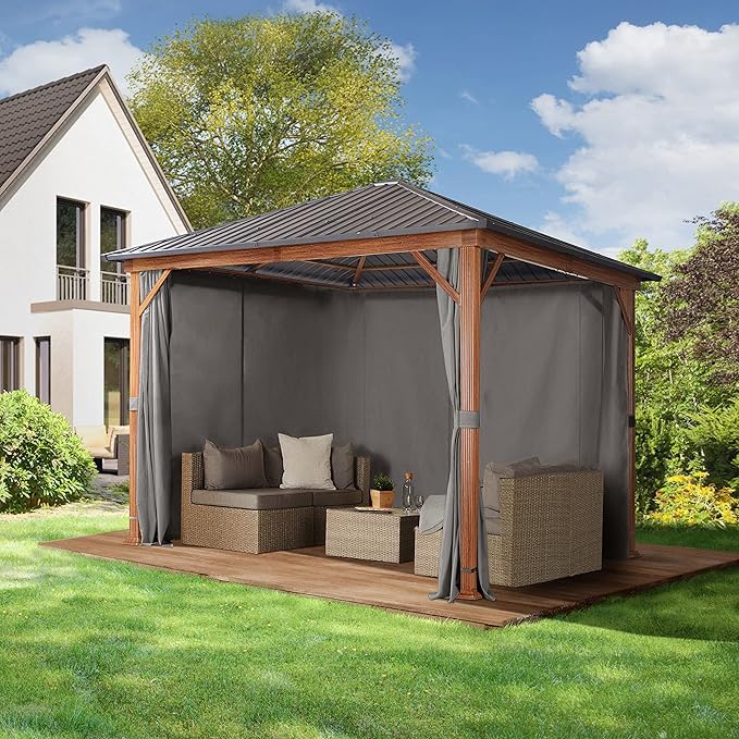 TOOLPORT Hardtop Gazebo 10x10 ft - Wood-Effect Finish - Steel Roof - 4 Side Panels in Gray