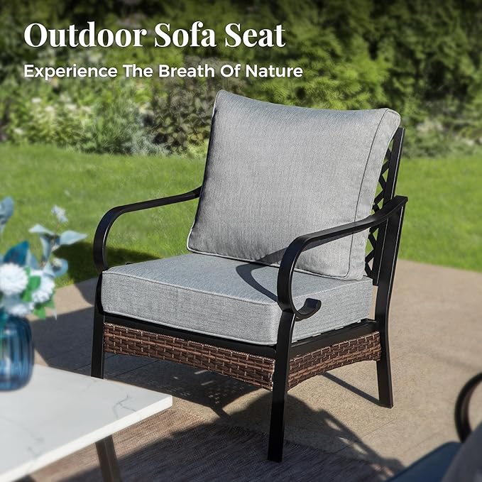 Patio Furniture Set with Firepit Table, Black Frame Outdoor Conversation Set with 4 x Fixed Chairs, 1 x 3-Seat Sofa for Lawn Garden Backyard, Grey