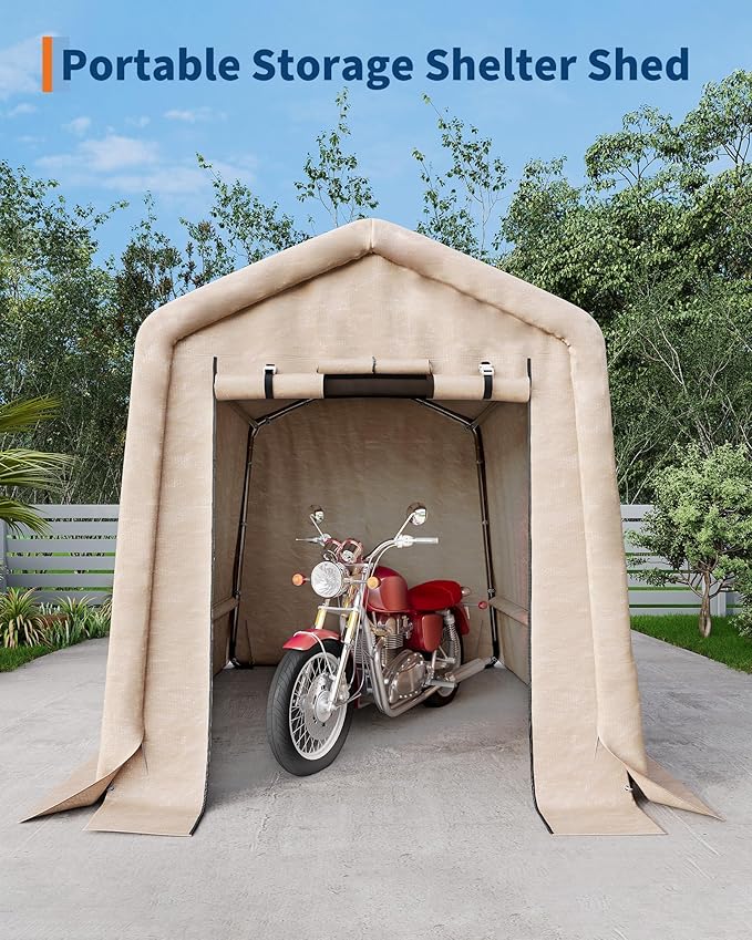  6X6 FT Heavy-Duty Portable Outdoor Storage Shed with Roll-Up Zipper Door & Vent, 240g Waterproof Carport Storage Shelter, UV-Resistant Canopy for Motorcycle, Firewood, Tools -Gray ﻿