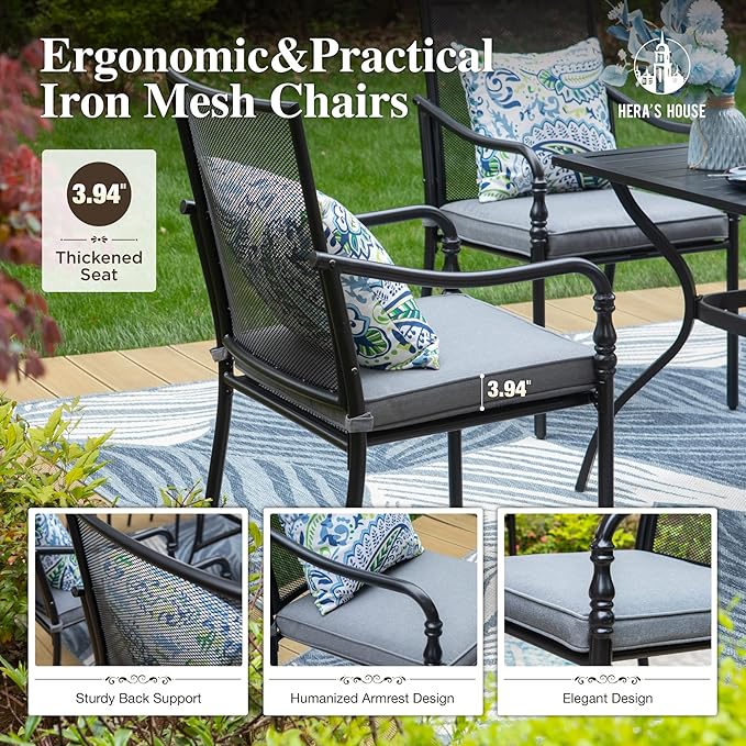 HERA'S HOUSE Metal Patio Table and Chairs Set for 8, Outdoor Dining Set 9 Pieces, 60" Square Table with Cushioned Armrest Chairs for Garden Backyard with Umbrella Hole