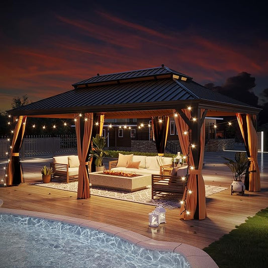 GAZEBEST 12' X 20' Hardtop Gazebo, Outdoor Galvanized Steel Double Roof Permanent Aluminum Frame Pavilion Pergola Canopy with Privacy Curtains for Garden, Patio, Backyard, Deck and Lawns.