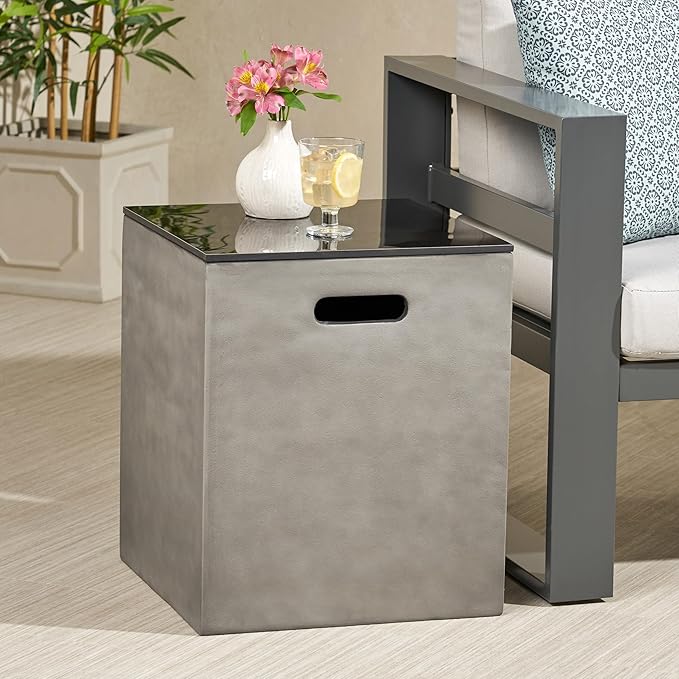 Propane Tank Cover Table for Fire Pits, 20 LB Concrete Propane Tank Holder with Side Handles, Outdoor Tank Storage Side Table for Patio, Gas Griddle, Black+Gray, Ceramic Top