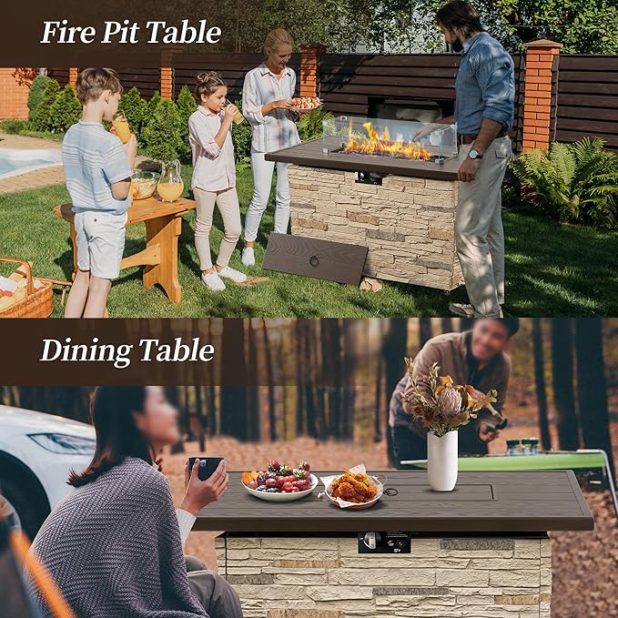 PIZZELLO 43¡± Propane Fire Pit Table Outdoor Rectangular Stone Firepit Table 50,000 Btu Propane Fire Tables for Outside Patio with Glass Wind Guard, Lid, Fire Glass Beads,Buff Rock Look