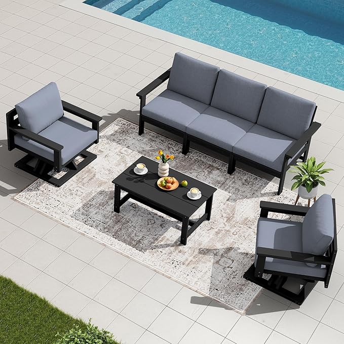 SERWALL HDPE Outdoor Patio Furniture Set, All-Weather 3-Seater Couch with 2 Single Seat Swivel Sofas with Thick Cushions for Lawn, Deck, Black Frame with Gray Cushions