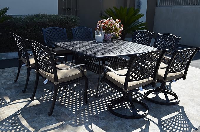 Nassau Outdoor Patio 9-pc Dining Set 64 X 64 Cast Aluminum (9-pc Set (with 4 Swivel Rocker + 4 Regular Chairs), Sunbrella Sesame)