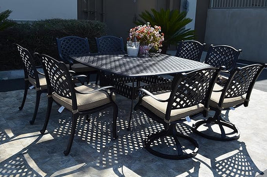 Nassau Outdoor Patio 9-pc Dining Set 64 X 64 Cast Aluminum (9-pc Set (with 4 Swivel Rocker + 4 Regular Chairs), Sunbrella Sesame)