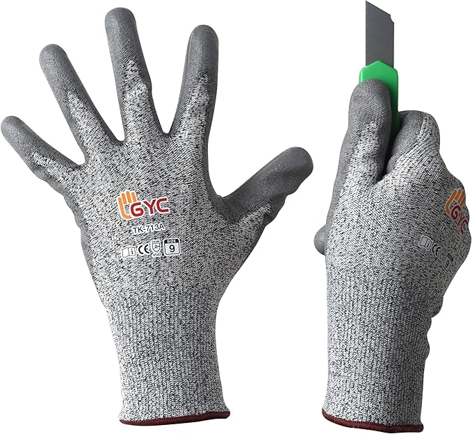 GYC Gloves, Cut Resistant Safety Work Gloves - Level 5 Cut Protection, 10 Pairs Pack - Excellent Dexterity & Breathability, Comfortable Soft PU coated (TK-713A/Size 9 - LARGE)