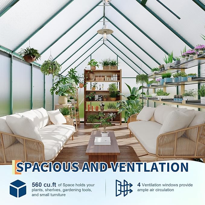 Polycarbonate Greenhouse for Outdoors, Large Walk-InGreenhouse with Quick Setup Structure and Roof Vent, Greenhouse with Ventilation