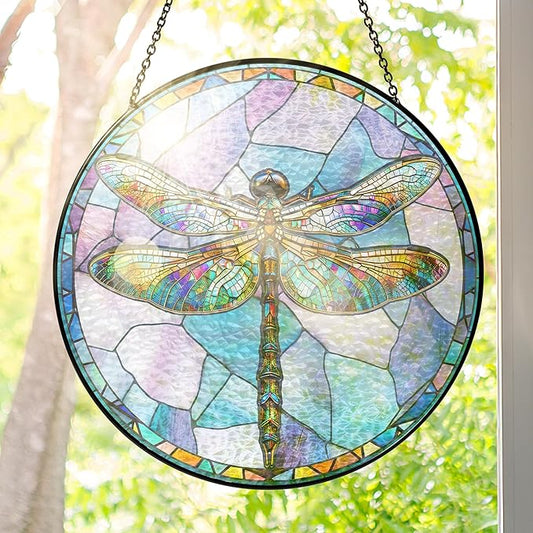 FLAGWIX Dragonfly Gifts for Women Men - Stained Glass Window Hanging 8 in - Dragonfly Garden Decor for Yard Decorations Outdoor, Dragon Fly Sun Catchers Indoor Window for Home Garden Decor