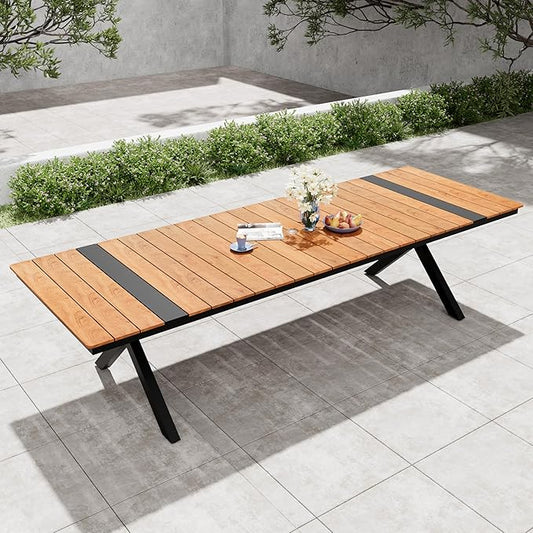 Pellebant 118" Outdoor Dining Table for 8-12, Aluminum Patio Dining Table with Umbrella Hole, Waterproof Wood-Like Tabletop for Lawn Garden Backyard, Brown