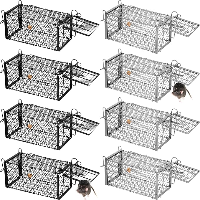 Qualirey 8 Pcs Humane Rat Trap Chipmunk Squirrel Cage Trap Foldable Rodent for Small Live Animal Voles Hamsters Catch and Release for Kitchen Yard Garage Indoors Outdoors (Black,Silver)