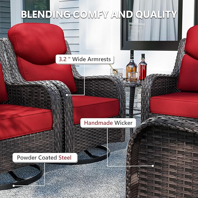 Patio Swivel Chairs Set of 2 and Side Table, Outdoor Swivel Rocker Patio Chairs with High Back and Thick Cushions, Wicker Patio Furniture Set for Porch, Deck Use (Red, 3 PCS)