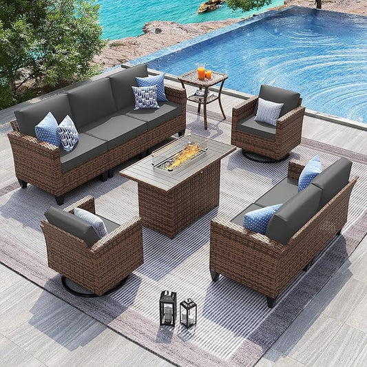 UDPATIO Patio Furniture Set with Fire Pit Table, Rocking Swivel Chairs, 6 Pieces Outdoor Conversation Sets, All-Weather Wicker Outdoor Sectional Sofa with Waterproof Cover, 4'' Thickened Cushion, Grey