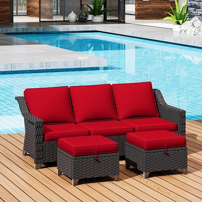 3 Pieces Outdoor Conversation Furniture Set - 77" Patio Sofa, 2 Rattan Wicker Ottomans, Patio Wicker Couch Set with Water-Resistant and Washable Cushions for Sunroom, Deck, Porch (Red)
