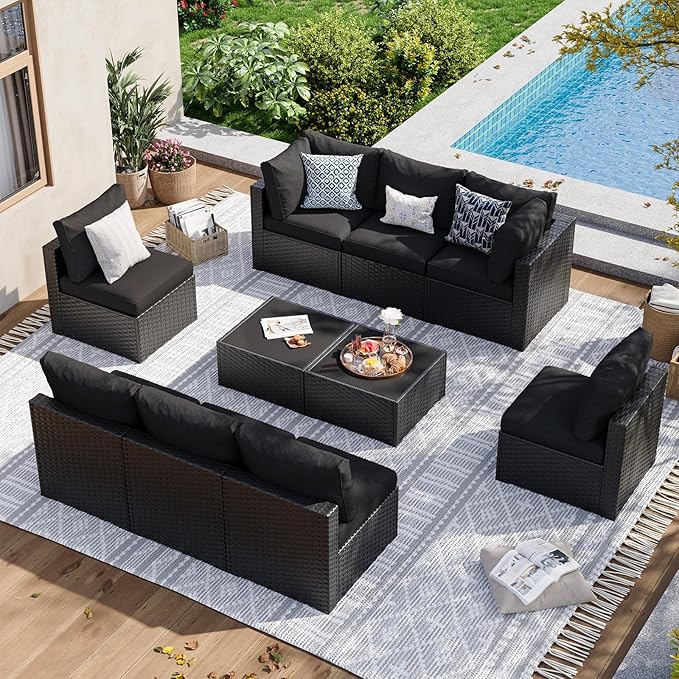 Aoxun 10 Piece Patio Furniture Set Wicker Rattan Patio Sectional Sofa Set Outdoor Seating Furniture with Thickened Cushion, Black