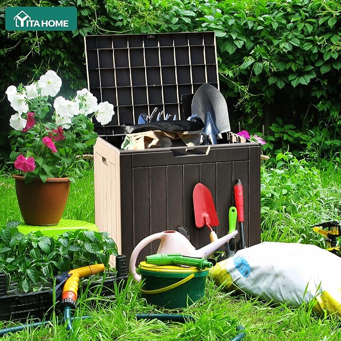 YITAHOME 30 Gallon Deck Box Outdoor Storage Box, Waterproof Resin Package Delivery and Storage Box with Lockable Lid for Patio Furniture Cushions, Pool Accessories, Garden Tools, Brown