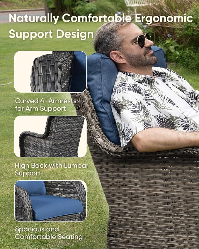 HUMMUH Patio Furniture Set with Fire Pit Table 5-Piece Wicker Outdoor Swivel Rocker Patio Chairs Loveseat Conversation Set for Porch, Backyard, Deck