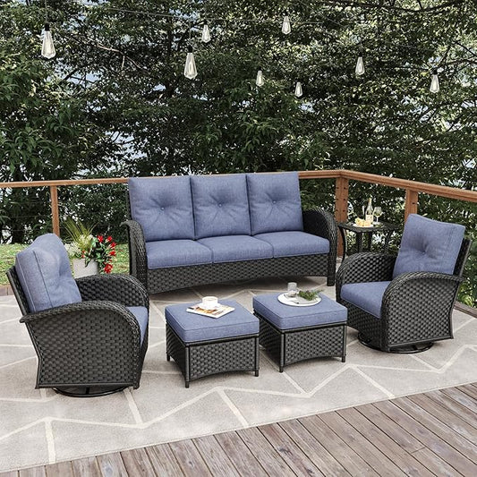 6 Pieces Patio Furniture Sets, Wicker Rattan High Back Outdoor Swivel Rocking Chairs Set with 3-Seat Couch, Ottomans and Side Table