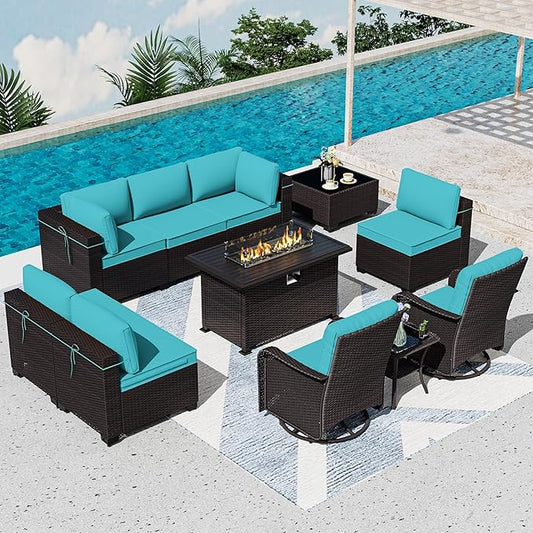 11 Pieces Patio Furniture Set with 2 Swivel Chairs Patio Furniture Outdoor Sectional Sofas with 55000 Gas Fire Pit Patio Conversation Set w/7 Cushions-
