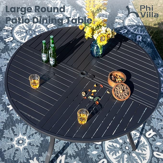 PHI VILLA 7 Pieces Patio Round Dining Set for 6, Large Metal Outdoor Dining Table with Umbrella Hole & Cushioned Wicker Rattan Chairs, Dining Furniture Set for Deck, Yard, Porch