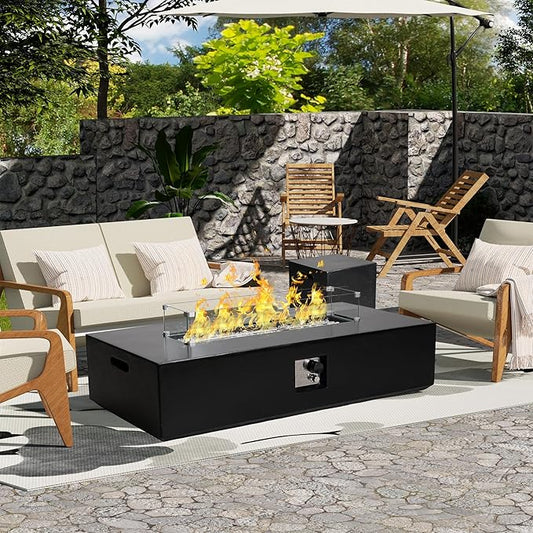 NAGA HABNA 56 Inch Propane Fire Pit Table, Outdoor Rectangle Fire Table w Tank Table (50,000 BTU), 2 Piece Gas Fire Pit in Black w White Fire Glass for Garden, Pool, Backyard