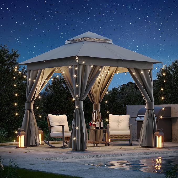 LAUSAINT HOME Gazebo 8x8ft, Heavy Duty Patio Gazebo with Expansion Bolts, Party Canopy Tent with Double Roofs, Mosquito Nettings and Privacy Screens for Backyard, Garden, Lawn, Grey