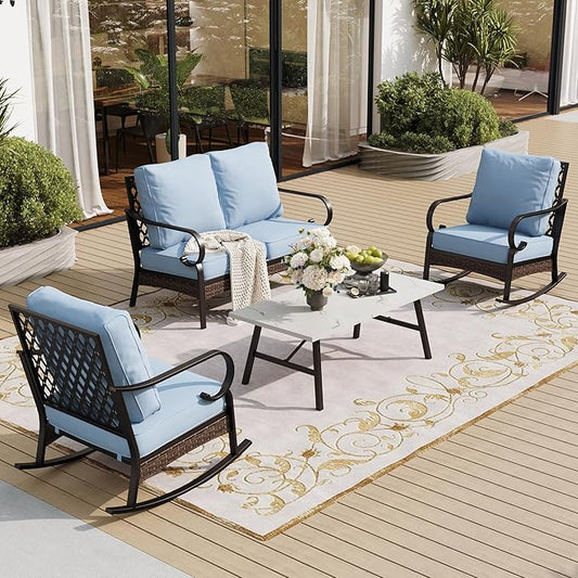 4 Piece Metal Outdoor Patio Furniture Sets, Patio Conversation Sets 1 Loveseat, 2 Rocking Sofa with 5.75" Extra Thick Cushion and Coffee Table, Balck Frame Backyard Furniture, Blue