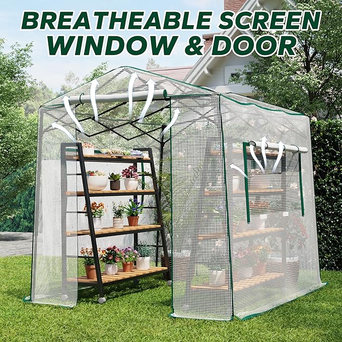 8.7x6.6x7 ft Walk-in Greenhouse, Portable Plant Hot House with Zipper Windows & Doors, PE Cover & Steel Frame, for Garden, Backyard