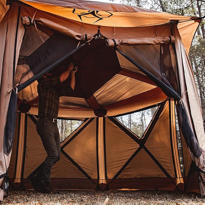 Gazelle Tents™ G6 Cool Top 6-Sided Portable Gazebo, Easy Pop-Up Hub Screen Tent, Waterproof, UV Resistant, 8-Person & Table, Badlands Brown, 91” x 139” x 123”, GG620BR