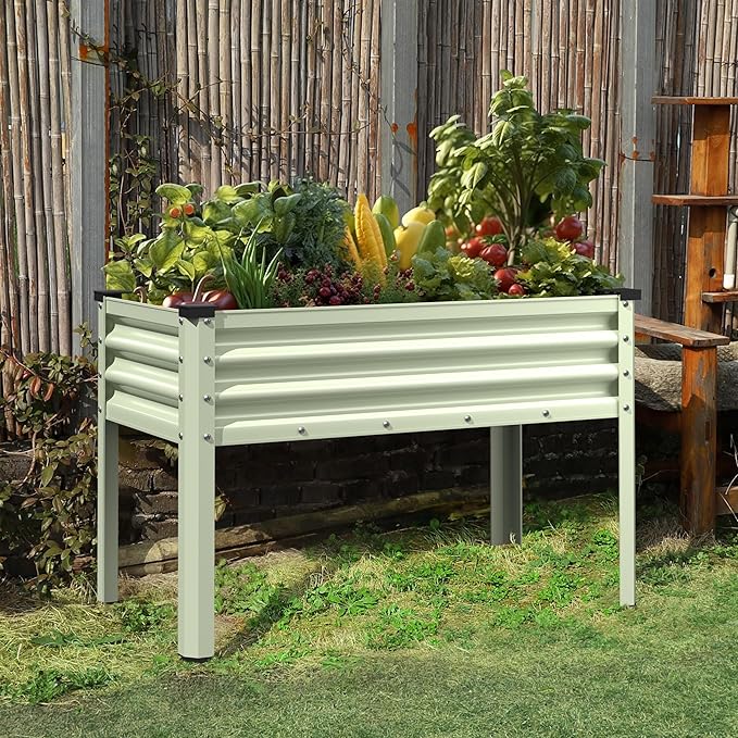 Galvanized Raised Garden Bed with Legs, 48" W x 24" D x 32" H Large Metal Elevated Raised Planter Box with Drainage Gaps for Backyard, Patio, Balcony, 507lbs Capacity, Beige