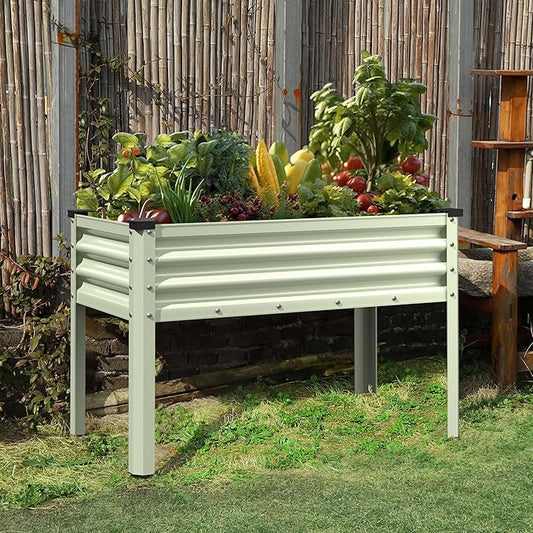 Galvanized Raised Garden Bed with Legs, 48" W x 24" D x 32" H Large Metal Elevated Raised Planter Box with Drainage Gaps for Backyard, Patio, Balcony, 507lbs Capacity, Beige