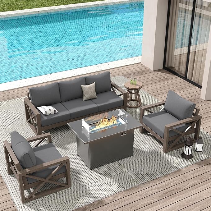 Amopatio Aluminum Patio Furniture with Fire Pit, 6 Pcs Metal Patio Sofa Sets with Aluminum Fire Pit Table, Modern Outdoor Furniture with 6" Cushion, Dark Grey (Included Waterproof Covers)