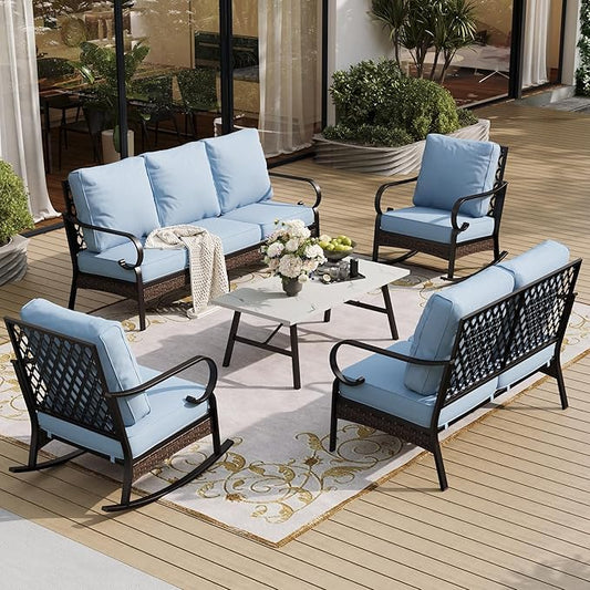 5 Piece Metal Outdoor Patio Furniture Set, Patio Conversation Sets 3-Seater Sofa, 2-Seater Sofa, 2 Rocking Sofa with 5.75" Thick Cushion & Coffee Table Black Backyard Furniture, Blue