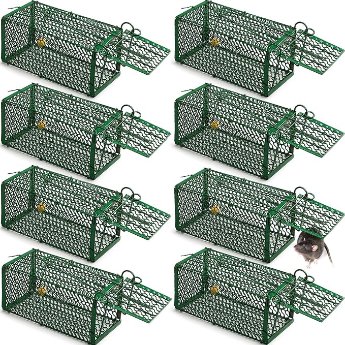 Qualirey 8 Pcs Humane Rat Trap Chipmunk Squirrel Cage Trap Foldable Rodent for Small Live Animal Voles Hamsters Catch and Release for Kitchen Yard Garage Indoors Outdoors (Green)