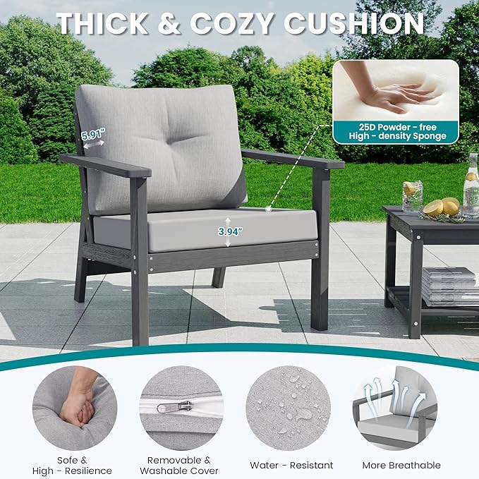 7-Piece HDPE Patio Furniture Set, All Weather Outdoor Couch with Thick Cushions, Wood Grain Outdoor Sectional with 2 Elegant Coffee Table, Durable Patio Conversation Sets for Balcony, Porch, Gray