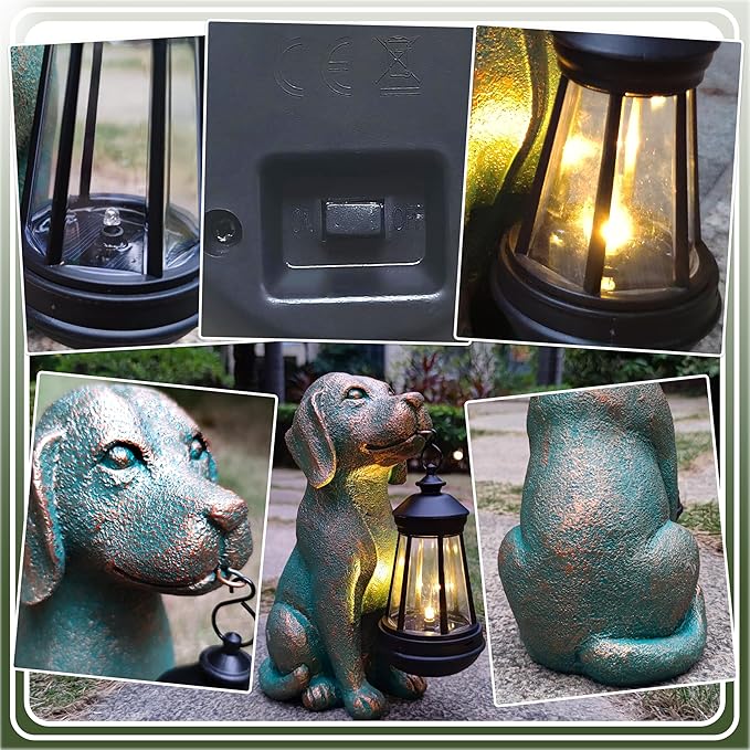 RCTTICUU Dog Garden Statue Outdoor Décor with Solar Lights Lantern,Dog Solar Light Figurines Outside Decorations for Yard，Lawn ,Patio, Balcony, Unique Housewarming Gifts