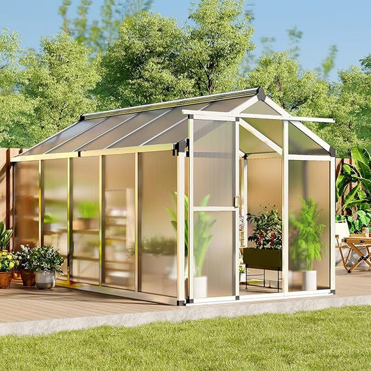 Greenhouse, 6x10 FT Greenhouse for Outdoors, Walk-in Green House with Ground Nails and Vent Windows, Sliding Lockable Door, Polycarbonate Greenhouses for Outside Garden Backyard, Quick Setup, Silver
