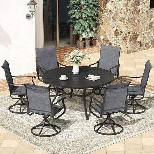 VICLLAX Round Patio Dining Table, 6-8 Person Metal Outdoor Dining Table with Umbrella Hole and Storage Shelf for Garden Lawn Deck, 53" Black