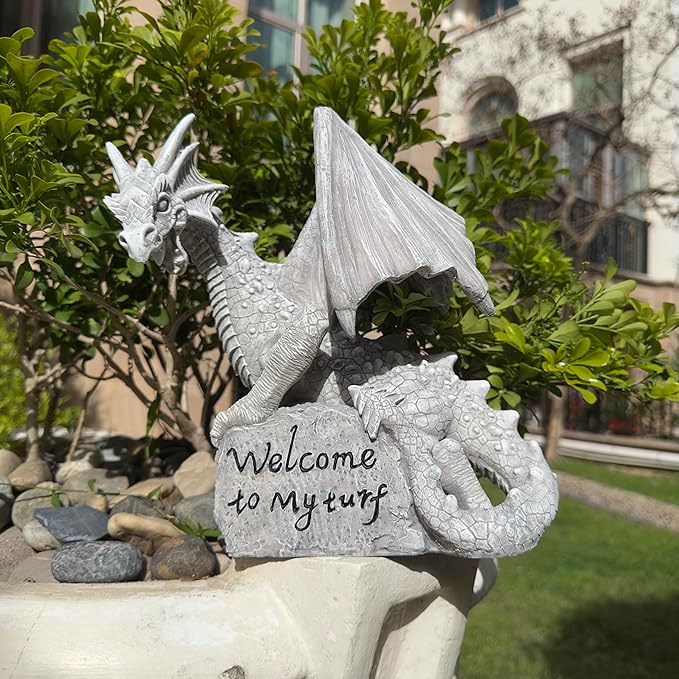 Jy.Cozy Garden Large Dragon Statue Solar Powered Outdoor Figurine Light The Dragonfire Welcome to My Turf Sign Big Resin Sculpture Home Decoration Housewarming Ornament Unique Gift